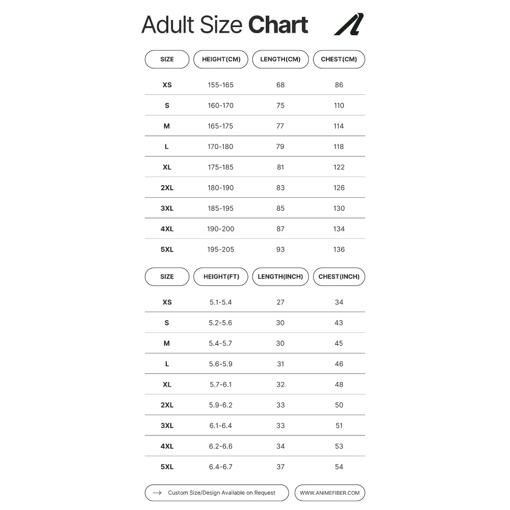 Anime and character-themed jersey size chart with measurements for chest, length, and fit from Anime Fiber.