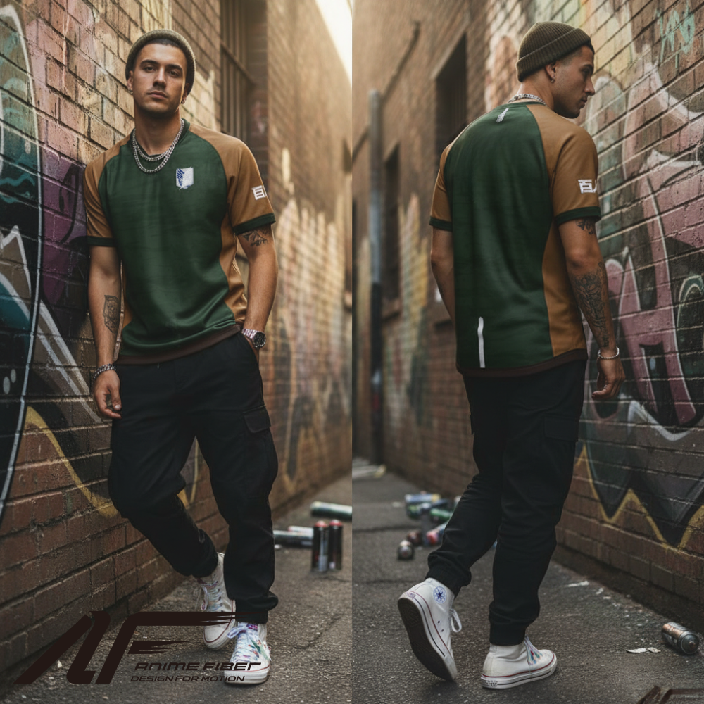 Man in Attack on Titan Anime Jersey walking down a graffiti-covered alley.