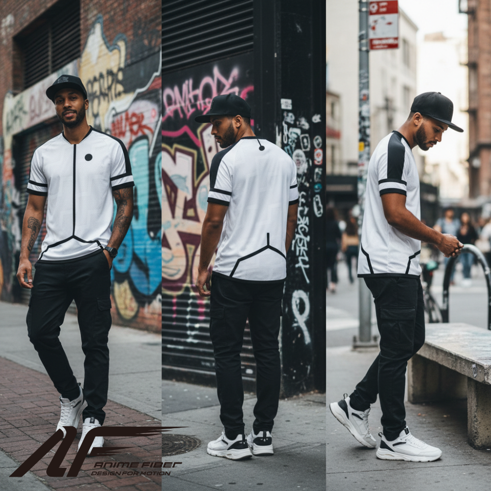 Man wearing a Bleach Anime Jersey with a cap, standing on a city street with graffiti.