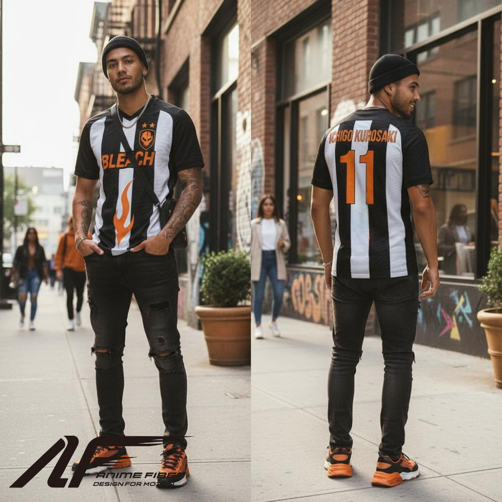 Man wearing a Bleach Anime Jersey on a city street.