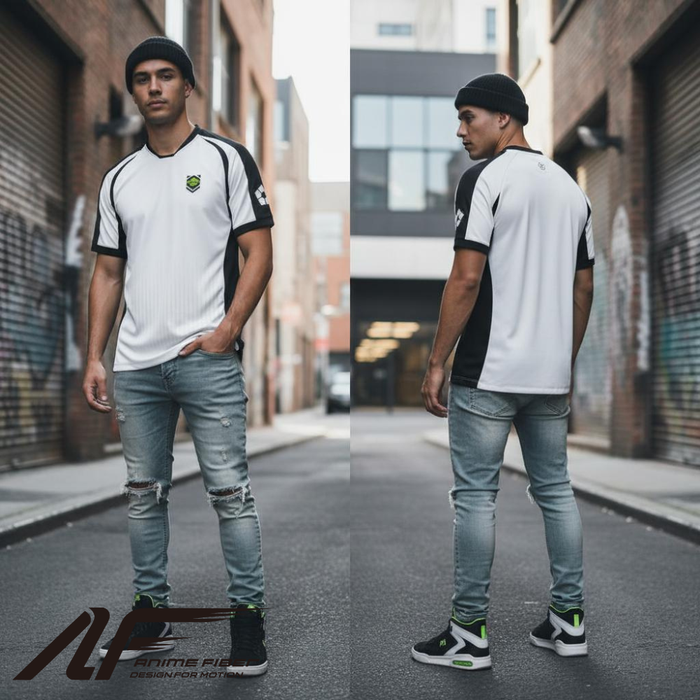 Man wearing a Blue Lock Anime Jersey, standing on an urban street.