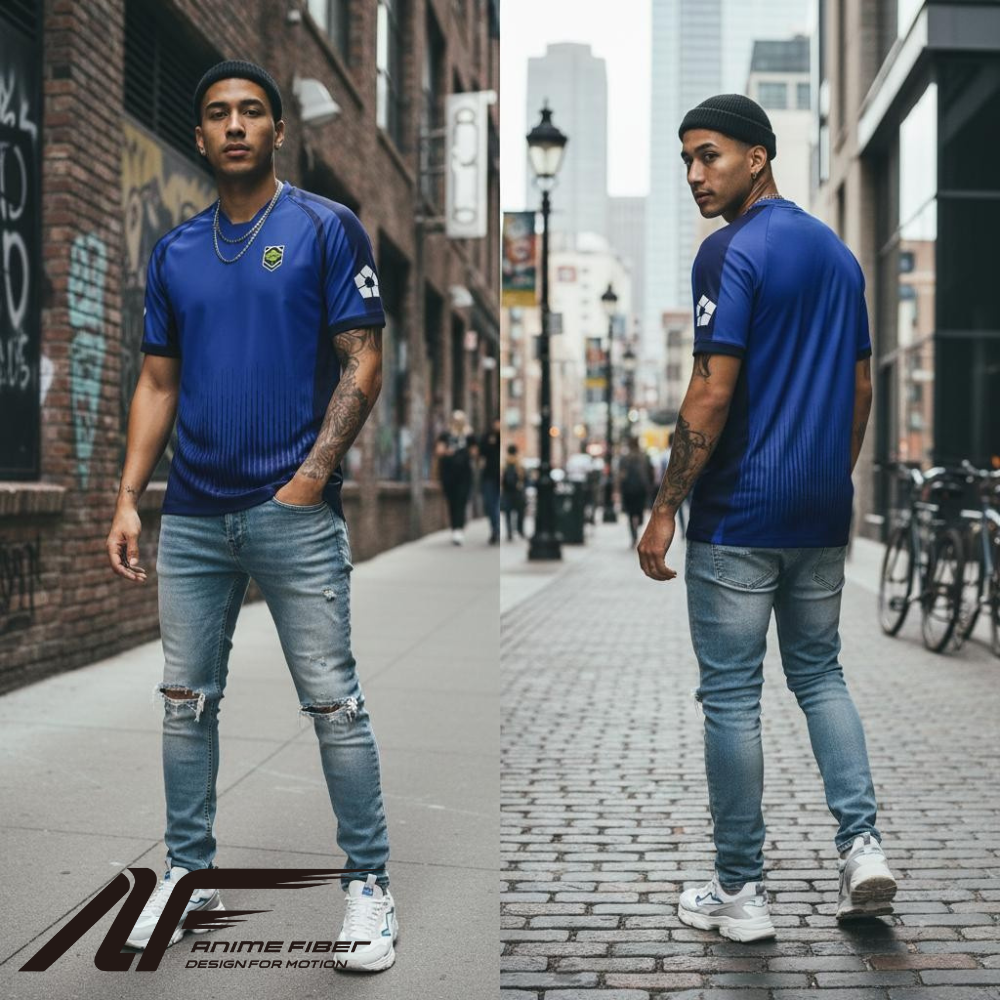 Man wearing a Blue Lock Anime Jersey and light jeans standing on a city street.