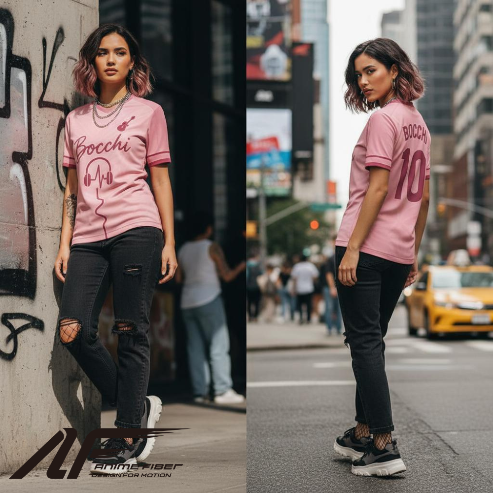 Woman wearing a Bocchi the Rock Anime Jerseyon a city street.