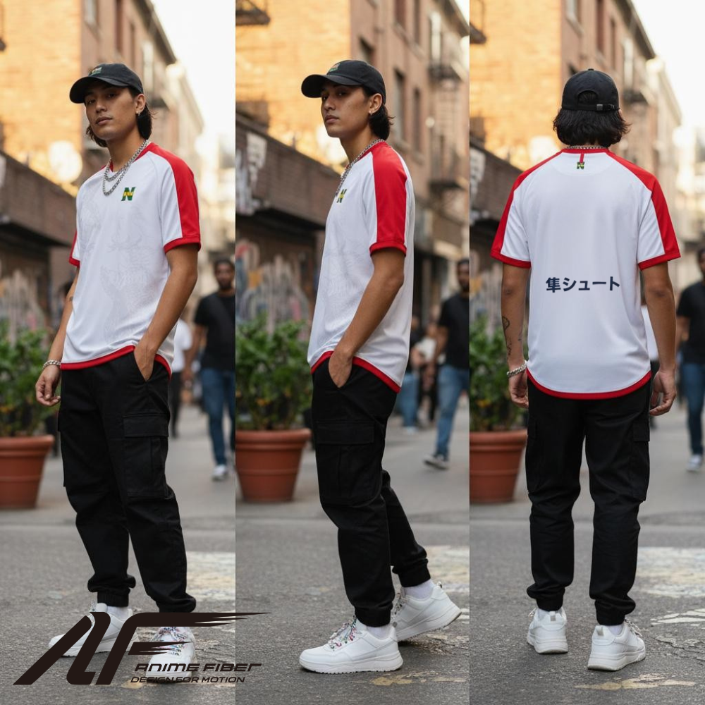 Person wearing a Captain Tsubasa Anime Jersey with black pants, standing on a street.