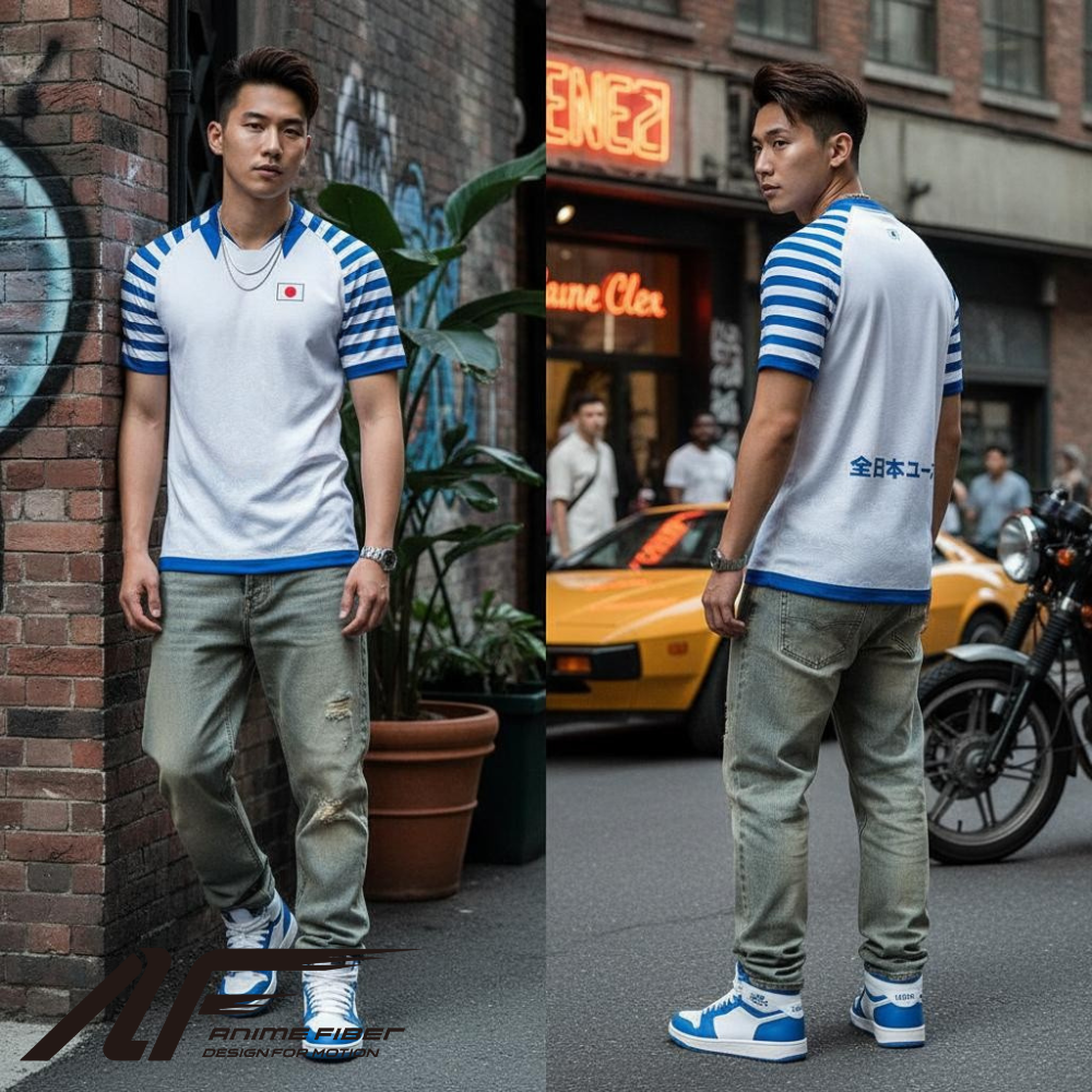 Man wearing Captain Tsubasa Anime Jersey on a street with urban background