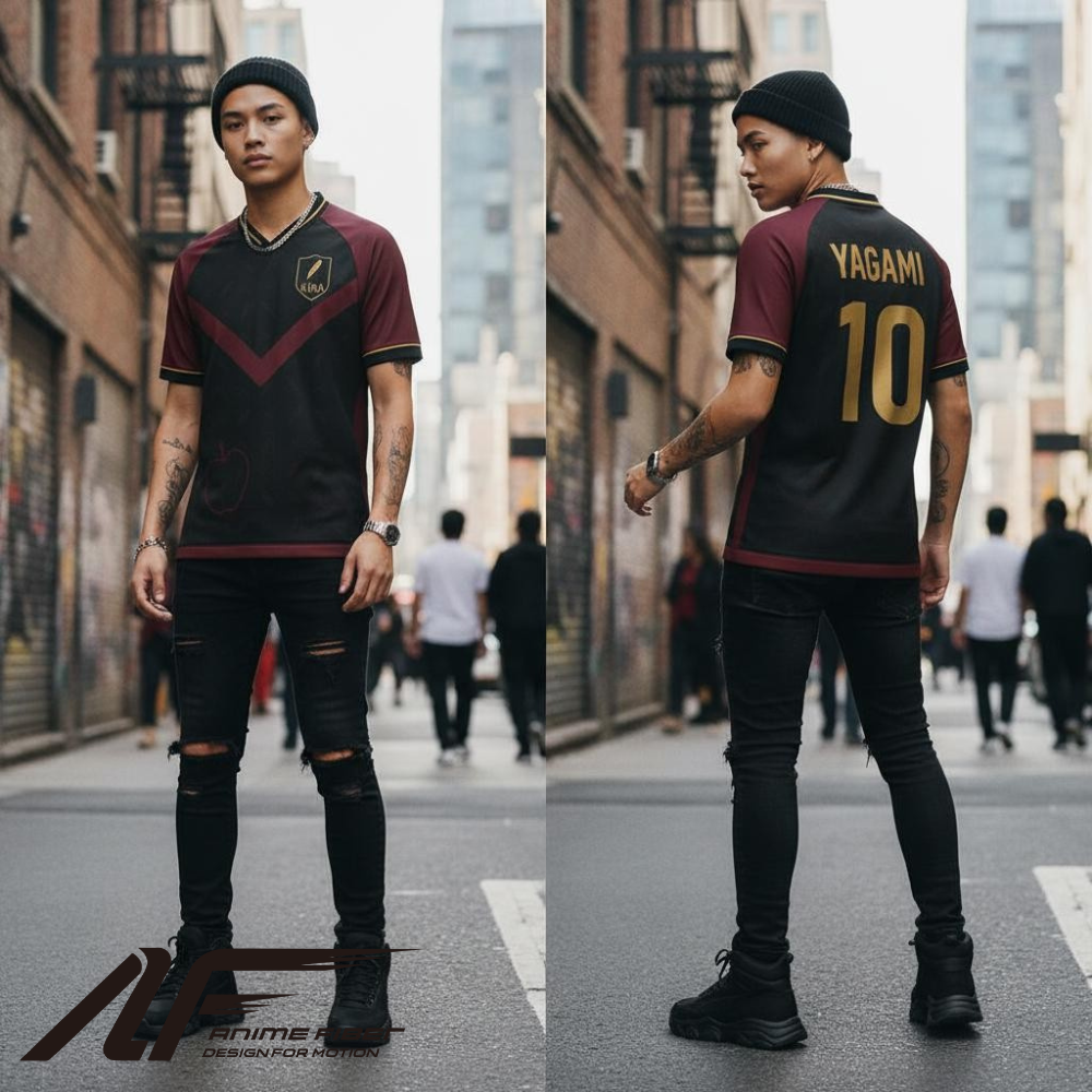 Person wearing a maroon and black sports jersey with 'YAGAMI' and number '10' on a city street.