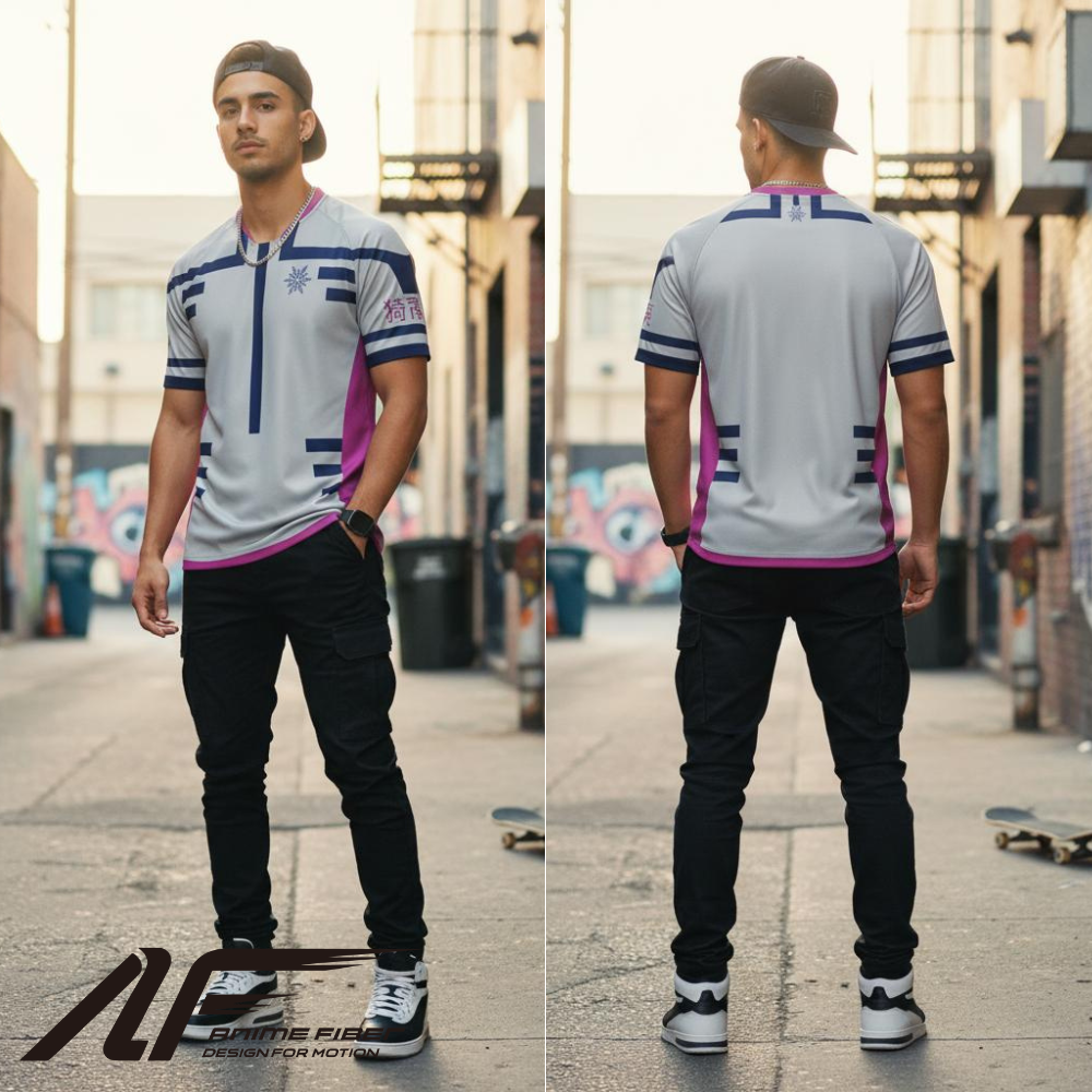 Man wearing a gray and pink Demon Slayer Anime Jersey with black pants on an urban street.