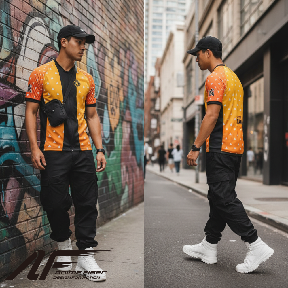 Man in a Demon Slayer Anime Jersey and black pants walking on a street with graffiti.