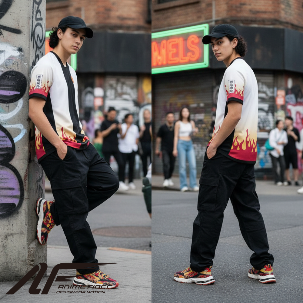 Person wearing a Demon Slayer Anime Jersey with a flame design on a city street.