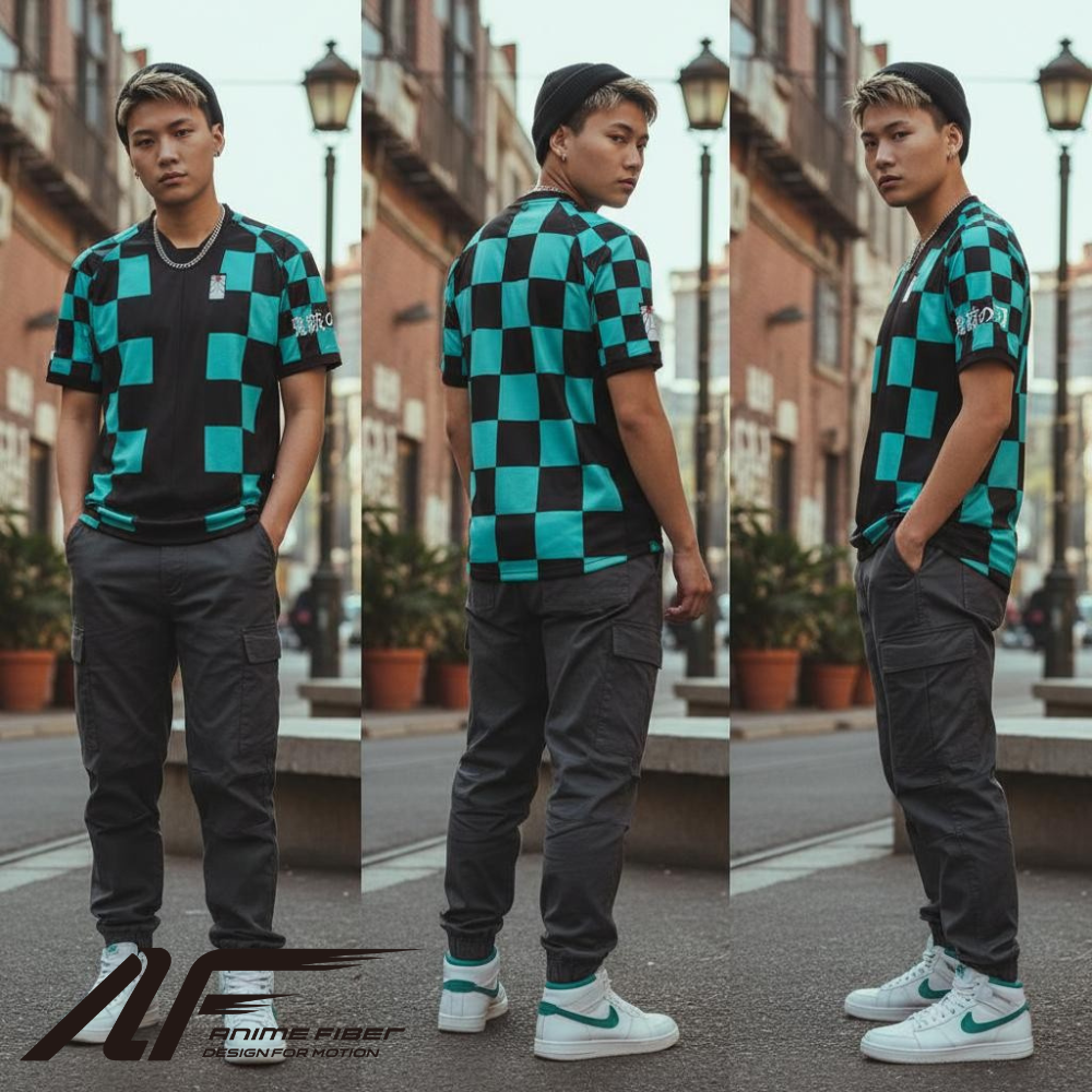 Person wearing a Demon Slayer Anime Jersey and gray pants standing on a street.