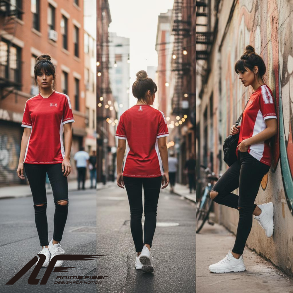 Woman in Dragon Ball Anime Jersey and black leggings walking on a city street.