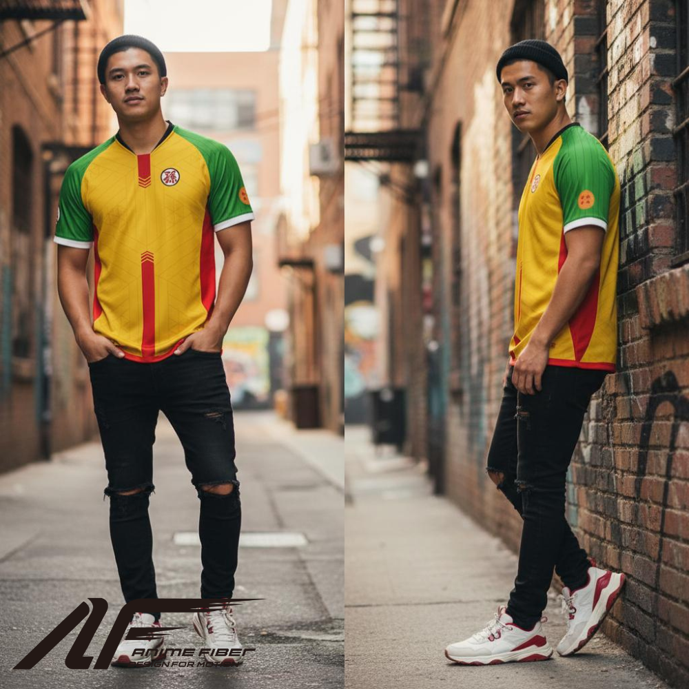 Person wearing a colorful Dragon Ball Anime Jersey in an urban setting.