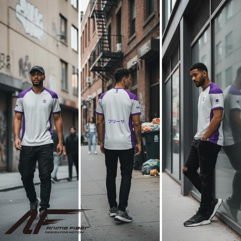 Man wearing a Dragon Ball Z Anime Jersey walking on a city street.