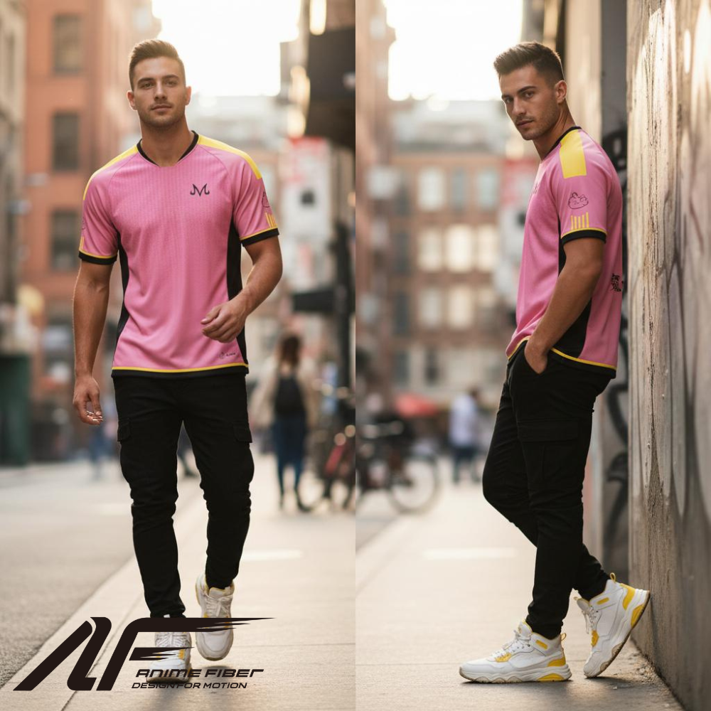 Man wearing a Dragon Ball Z Anime Jersey with white sneakers on a city street.