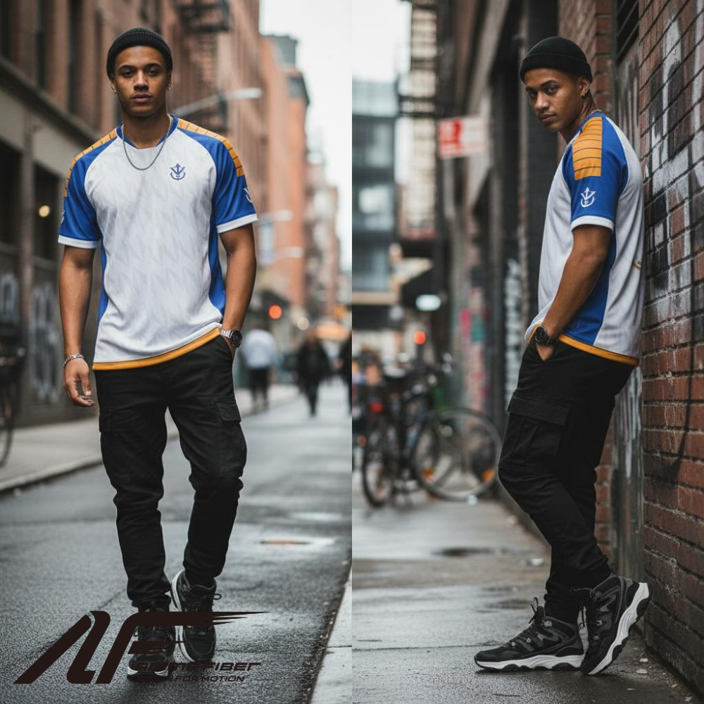 Man wearing a Dragon Ball Z Anime Jersey with orange accents on a city street.