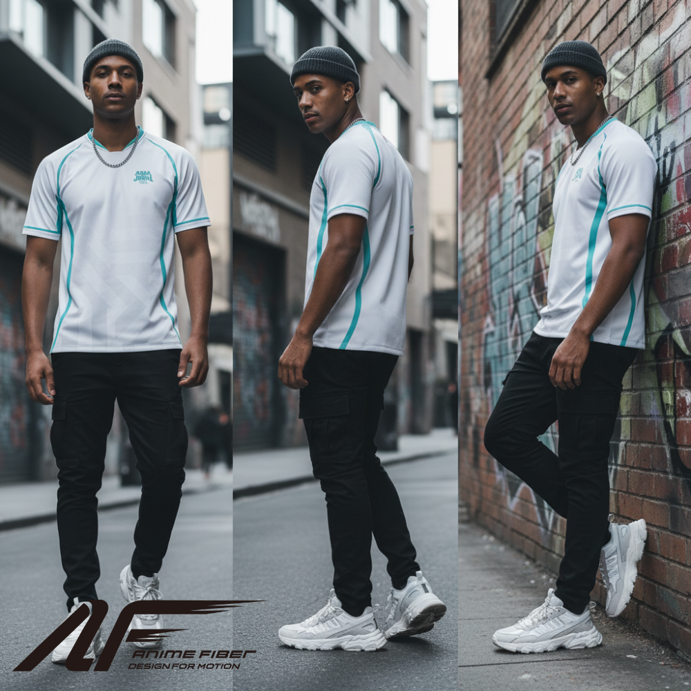 Man wearing a Haikyuu Anime Jersey and black pants, standing in an urban setting.