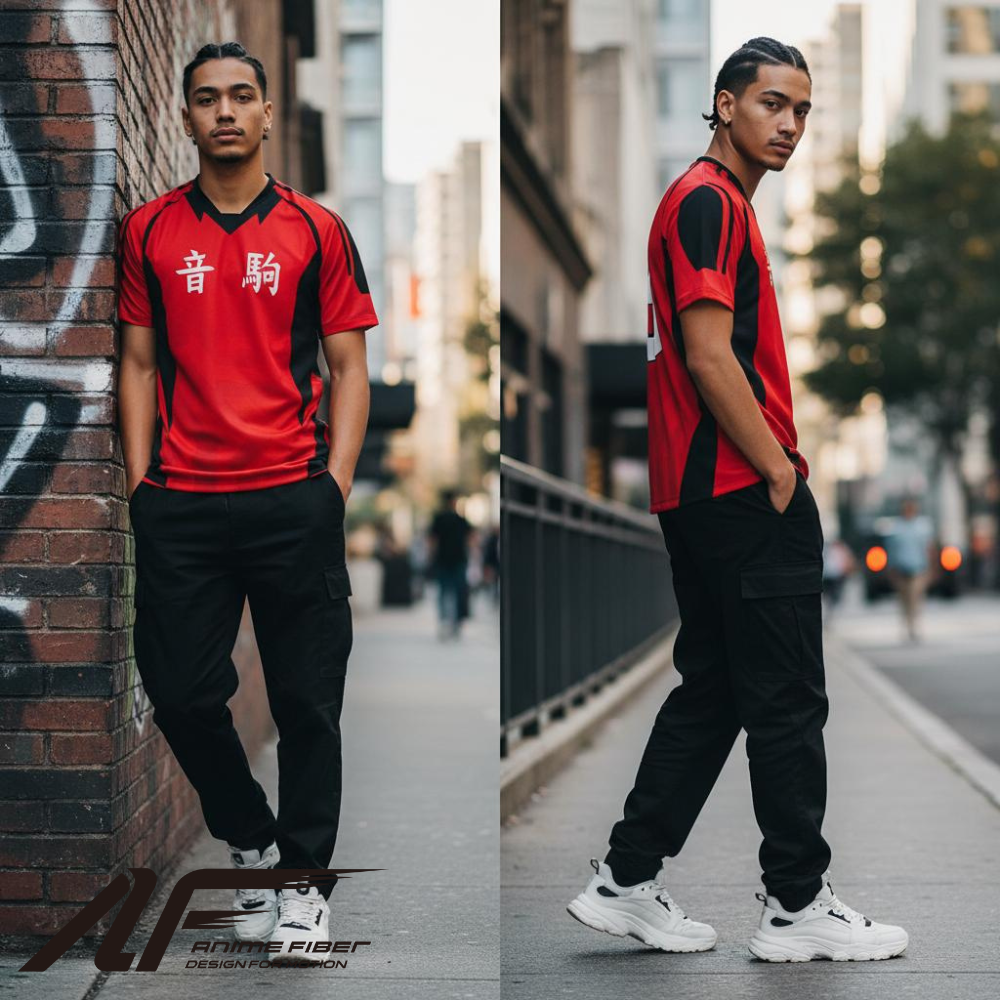 Man wearing a Haikyuu Anime Jersey, standing against a brick wall and on a city street.