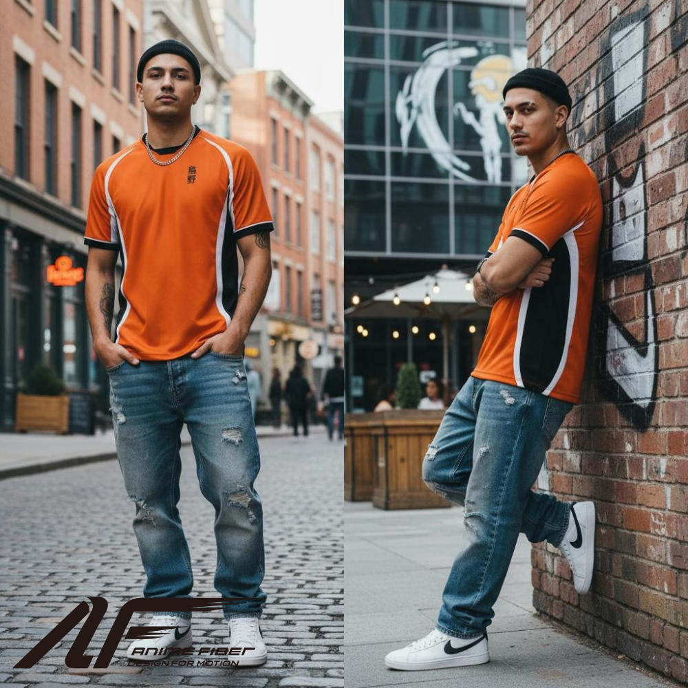 Man wearing a Haikyuu Anime Jersey with blue jeans standing on a city street.