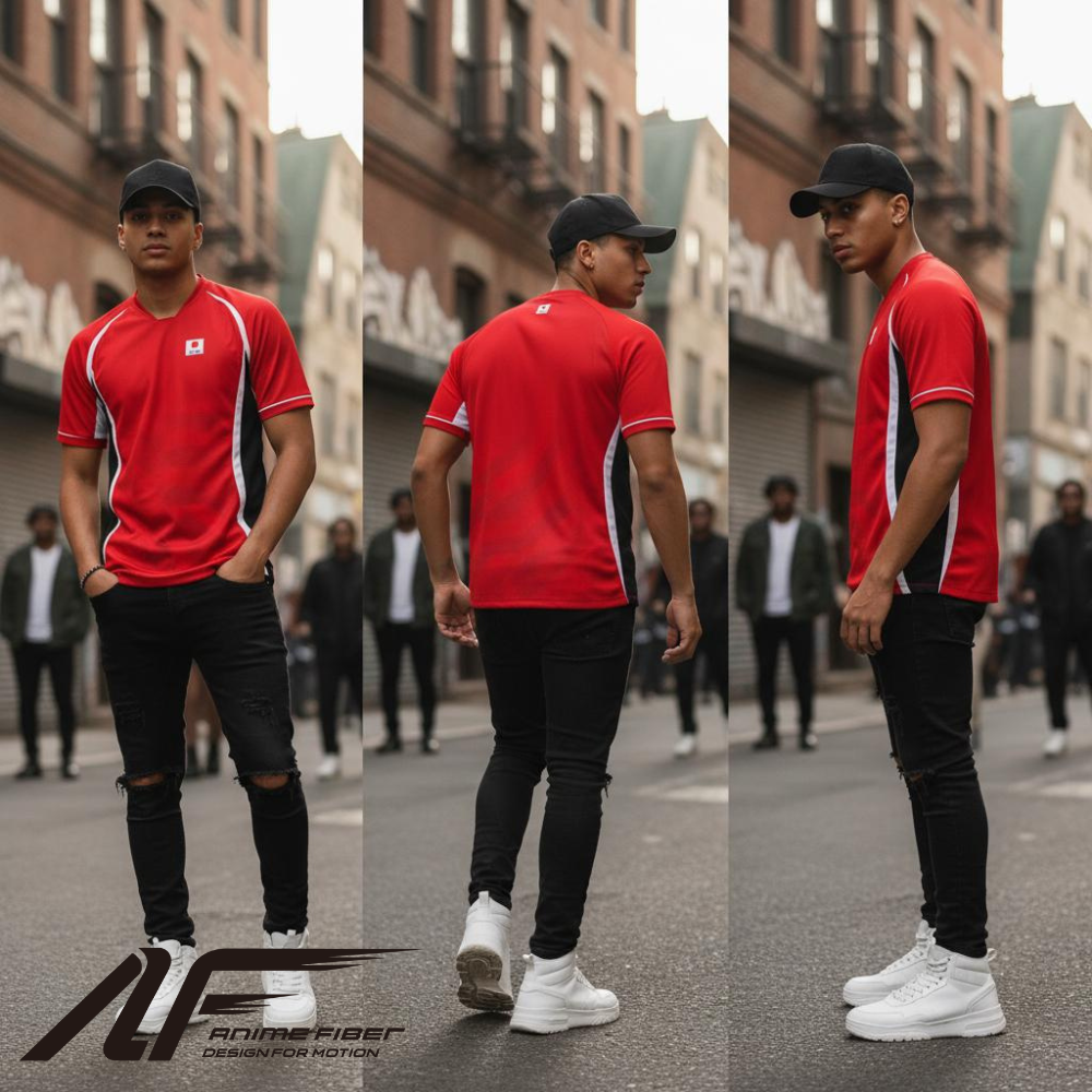 Man wearing a Haikyuu Anime Jersey with white sneakers on a city street.