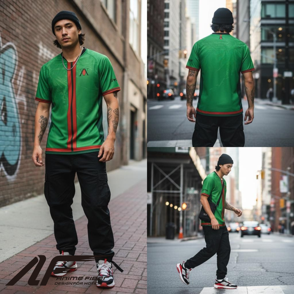 Man wearing a Hunter x Hunter Anime Jersey with black pants on a city street.