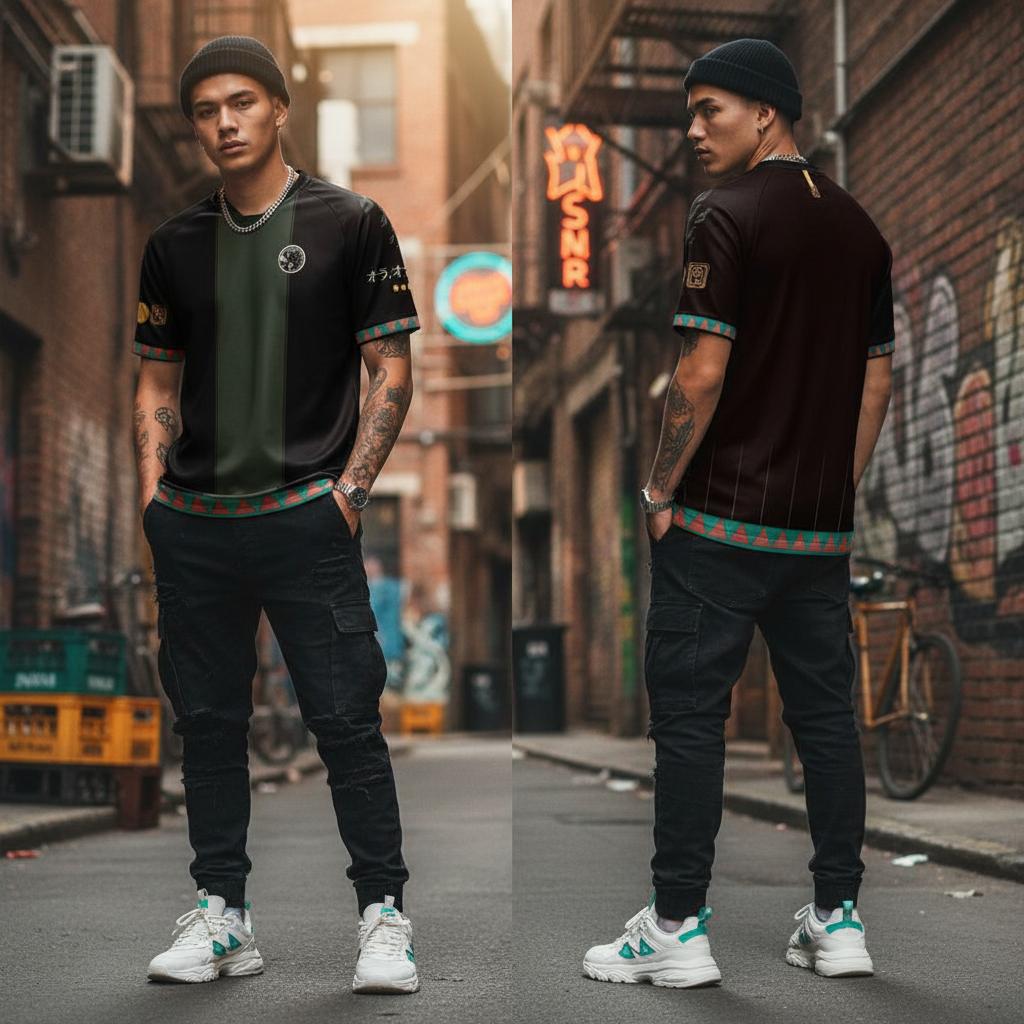 Man standing on a street wearing JoJo's Bizarre Adventure Anime Jersey with urban background
