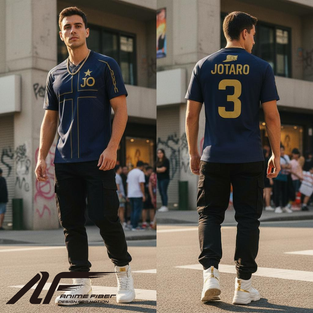 Person wearing a blue sports jersey with 'Jotaro' and number '3' on a street.