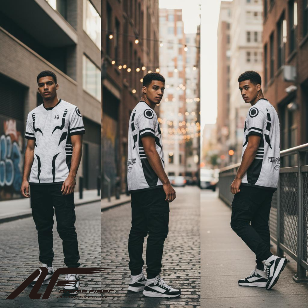 Man wearing a Jujutsu Kaisen Anime Jersey with geometric patterns on a city street.