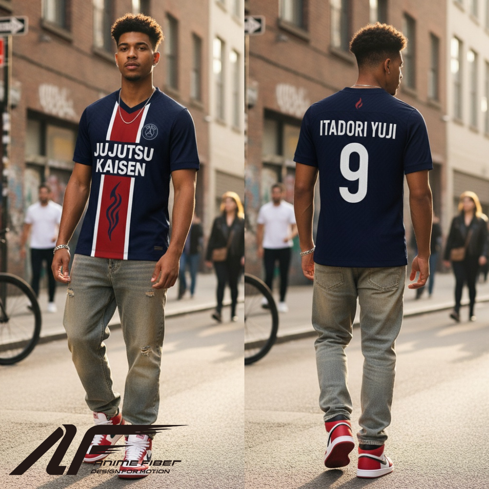 Person wearing a sports jersey with 'Jujutsu Kaisen' branding on a city street.