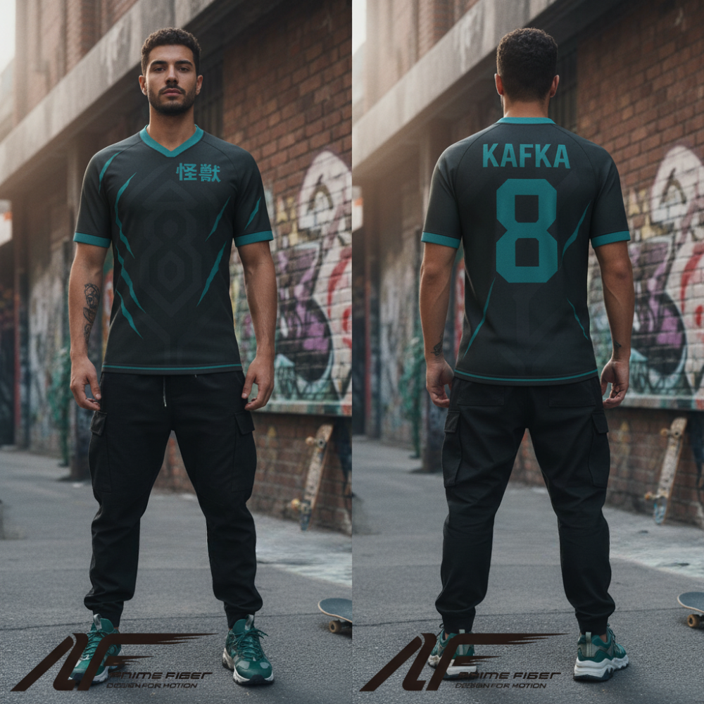 Man wearing a Kaiju No. 8 Anime Jersey in an urban setting.