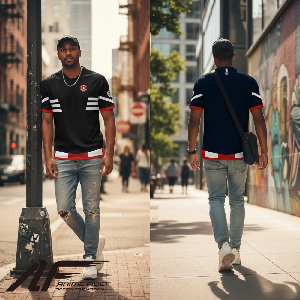 Man wearing a Marvel Jersey with white stripes on a city street.