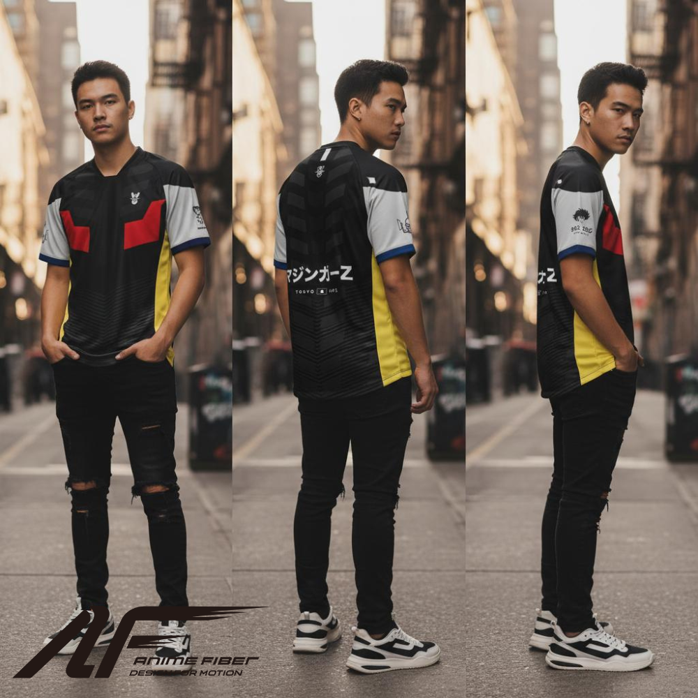 Person wearing a Mecha Anime Jersey with anime branding on a city street.