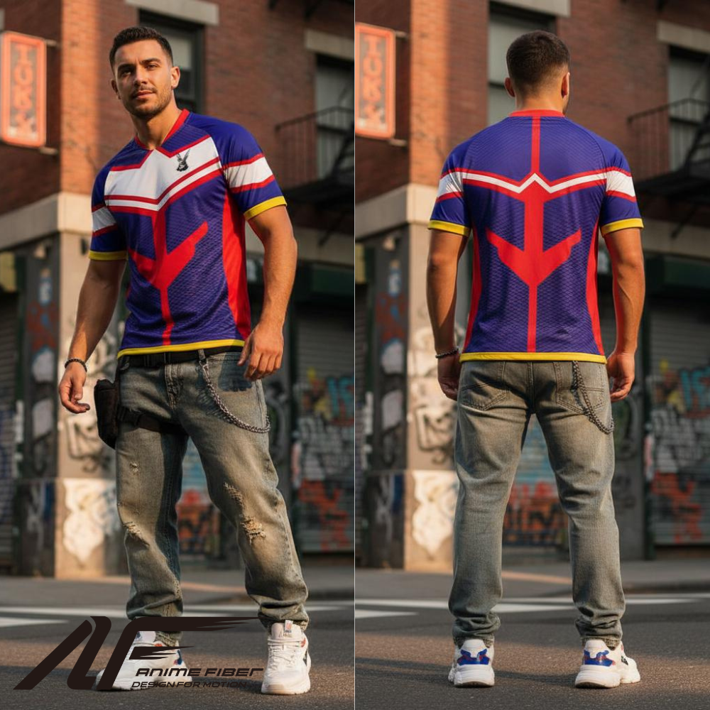 Man wearing a colorful My Hero Academia Anime Jersey with a red and blue design, standing on a street.