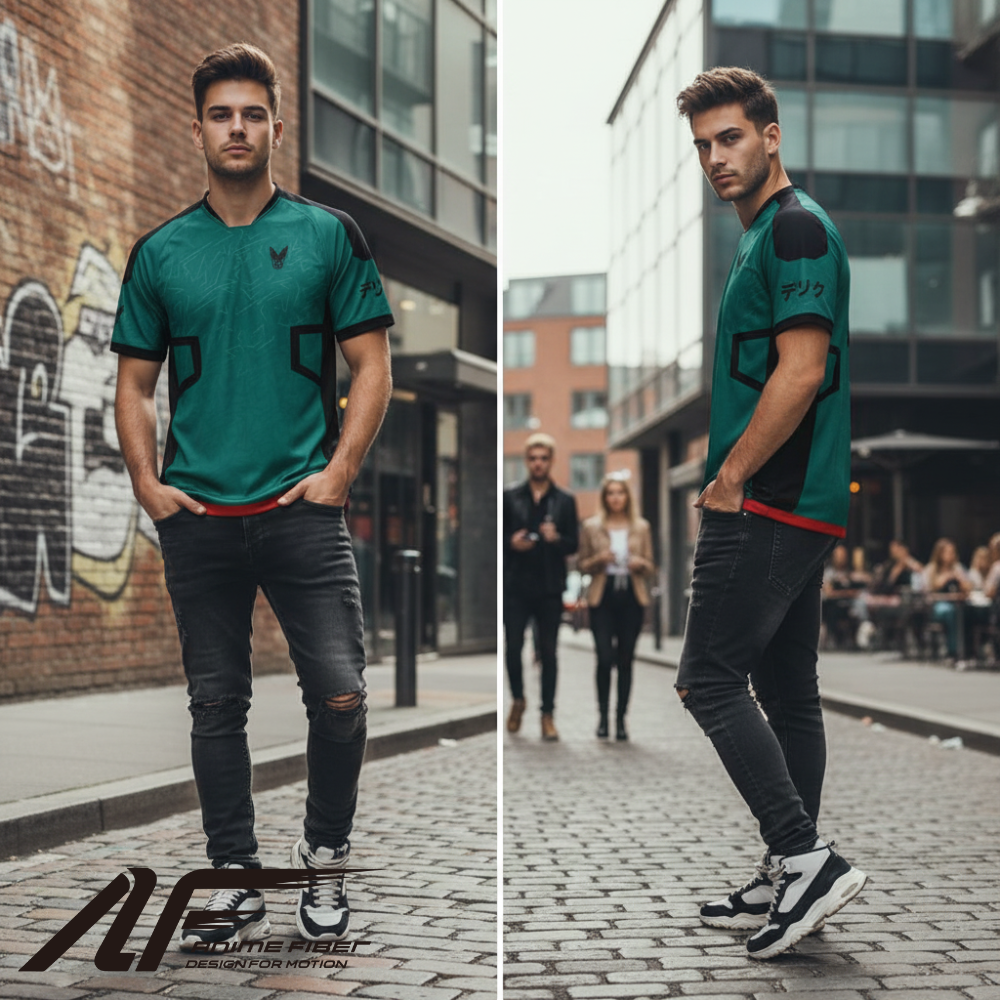 Man wearing a green My Hero Academia Anime Jersey with black accents on a city street.
