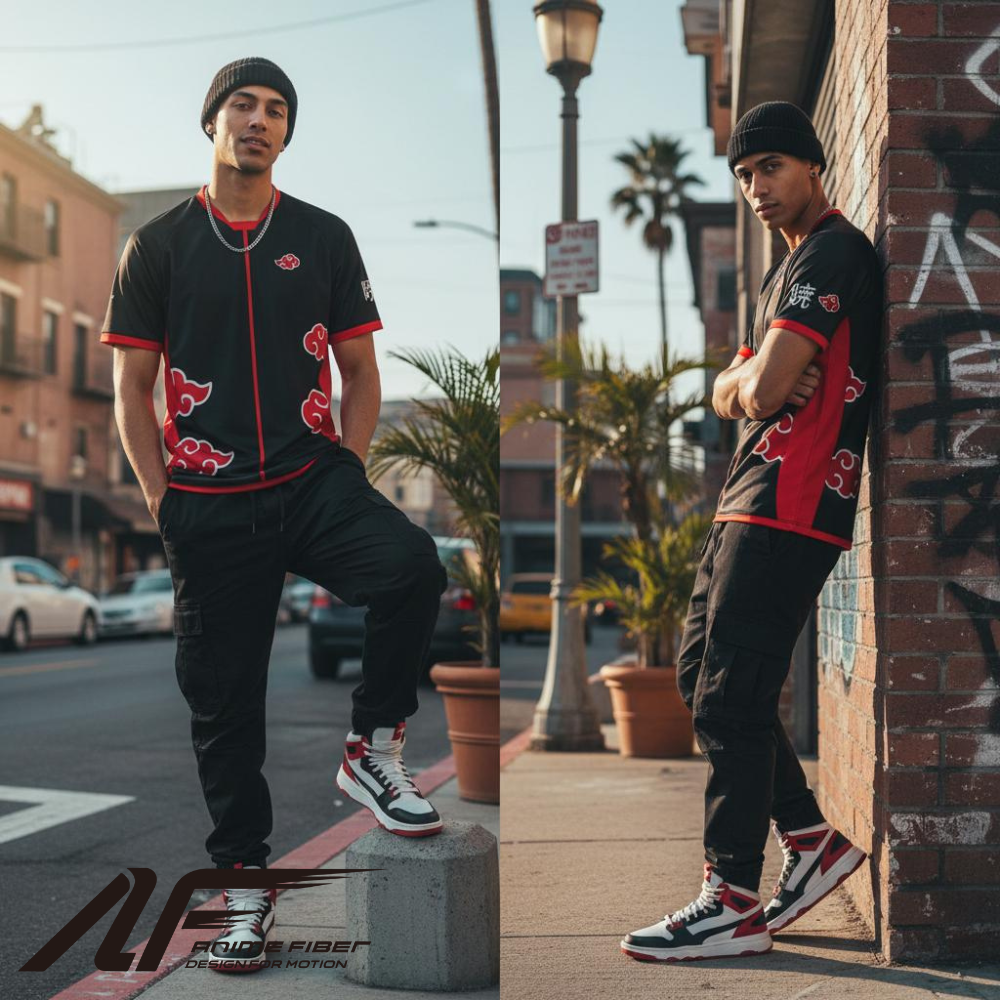 Man wearing a black and red Naruto Anime Jersey with a street and graffiti background