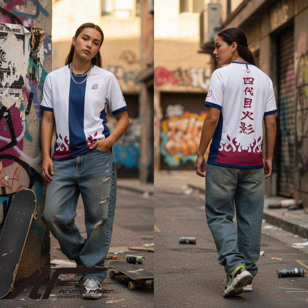 Person wearing a Naruto Anime Jersey, standing on a street with graffiti.