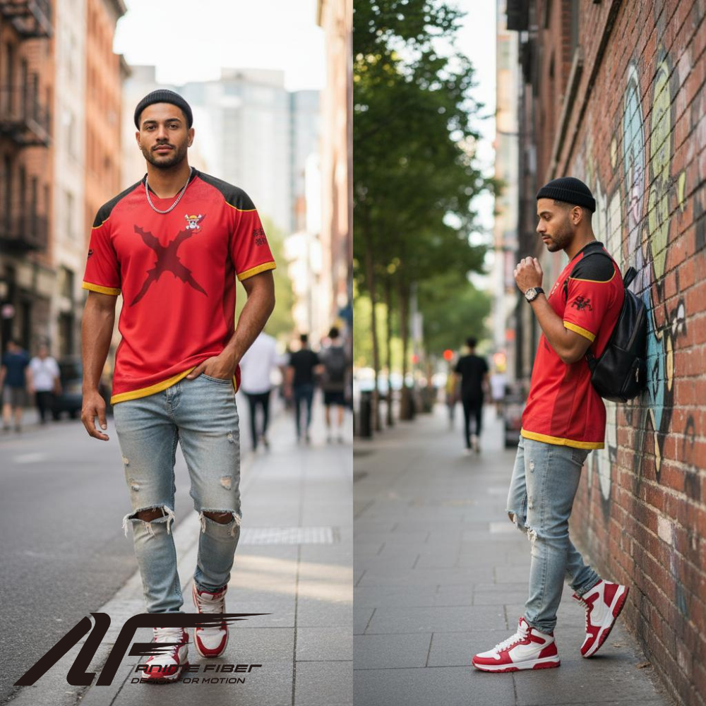 Man wearing a One Piece Anime Jersey with ripped jeans on a city street.