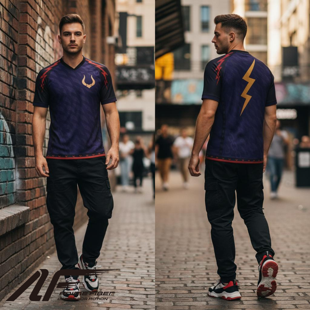 Man wearing a One Piece Anime Jersey on a city street.