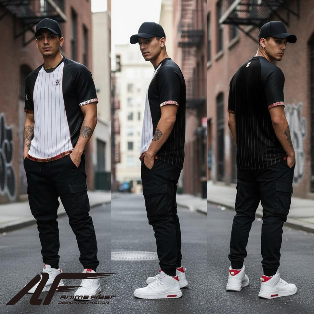 Man in One Piece Anime Jersey with white sneakers on a city street