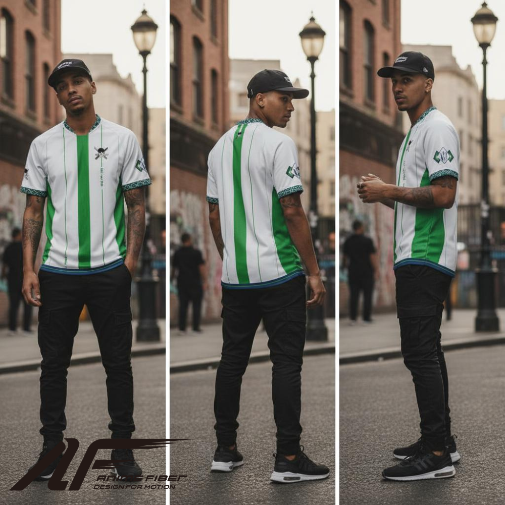 Man wearing a One Piece Anime Jersey with black pants on a city street.