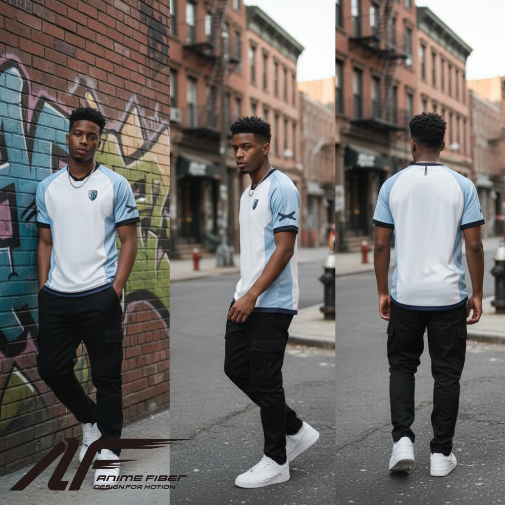 Man wearing a Pokemon Anime Jersey with black pants on a city street.