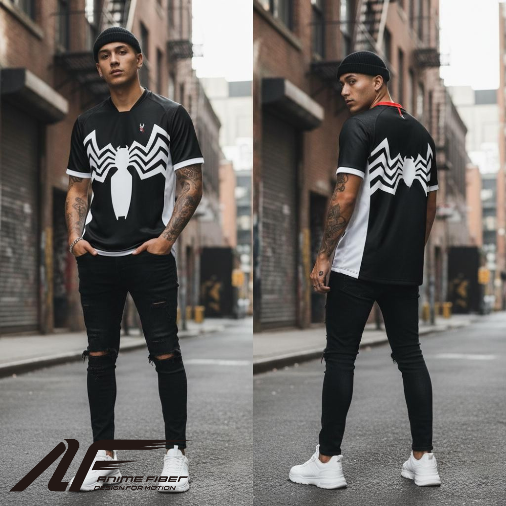 Man wearing Spider Man Jersey in urban setting.