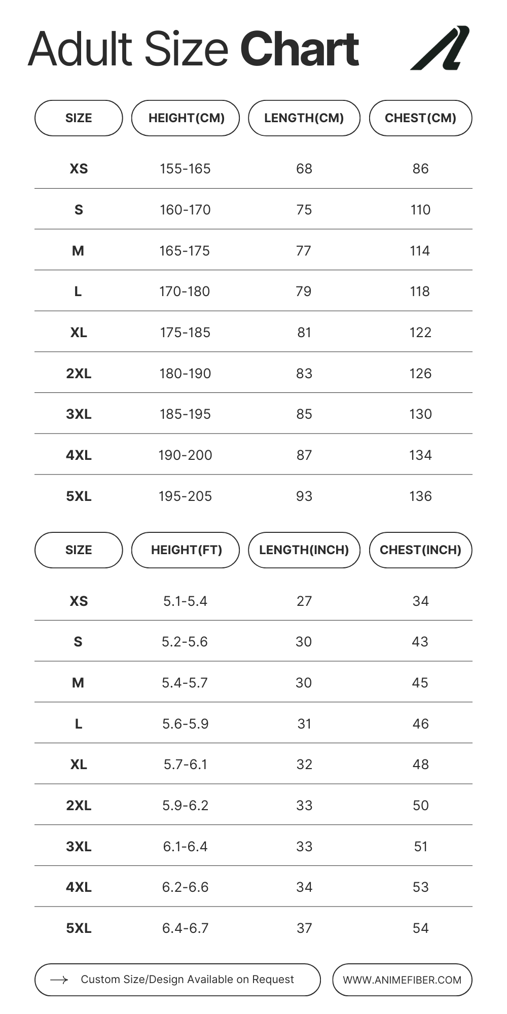 Anime and character-themed jersey size chart with measurements for chest, length, and fit from Anime Fiber.