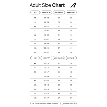 Anime and character-themed jersey size chart with measurements for chest, length, and fit from Anime Fiber.
