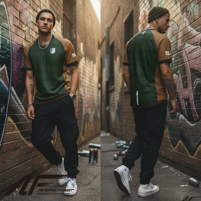 Man in Attack on Titan Anime Jersey walking down a graffiti-covered alley.