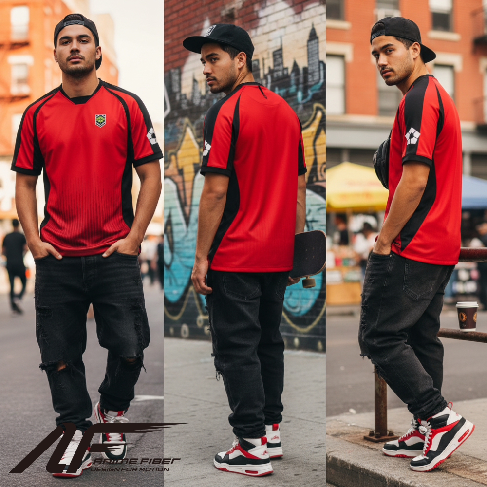 Collage of a person wearing Blue Lock Anime Jersey with visible branding on a city street.