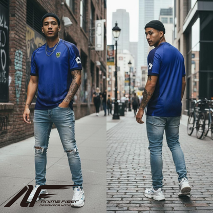 Man wearing a Blue Lock Anime Jersey and light jeans standing on a city street.