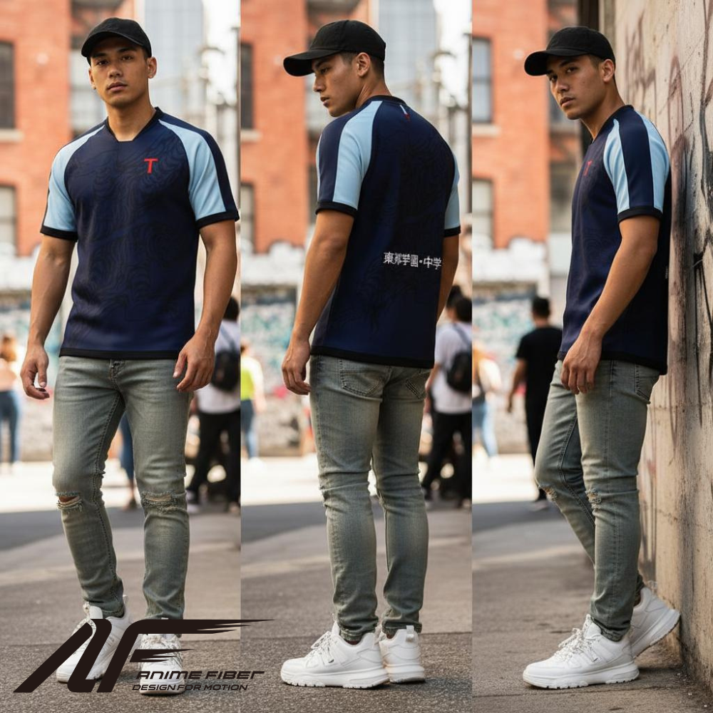 Man wearing a Captain Tsubasa Anime Jersey with a logo, standing on a street.