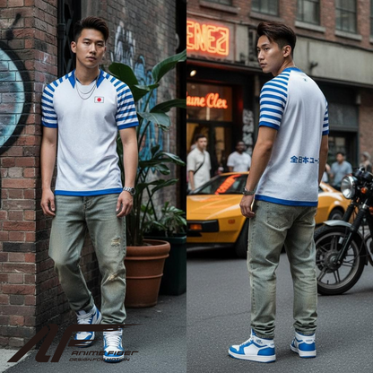 Man wearing Captain Tsubasa Anime Jersey on a street with urban background