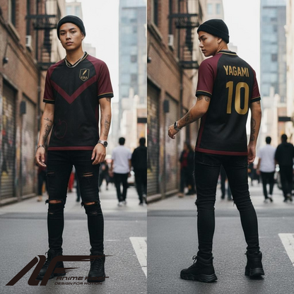 Person wearing a maroon and black sports jersey with 'YAGAMI' and number '10' on a city street.