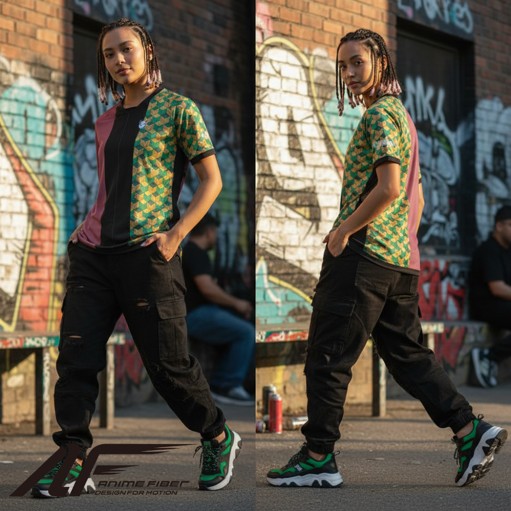Person wearing a Demon Slayer Anime Jersey and black pants standing in front of a graffiti-covered wall.